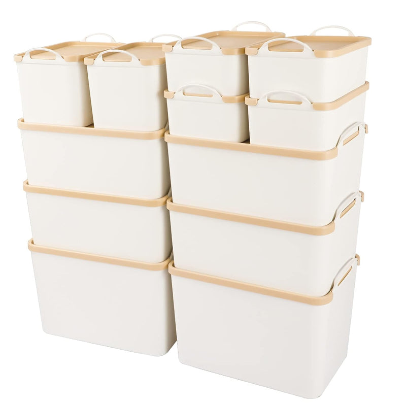 12Pcs All-In-One Lidded Plastic Storage Bins Set White Desk Basket Box Drawer Or
