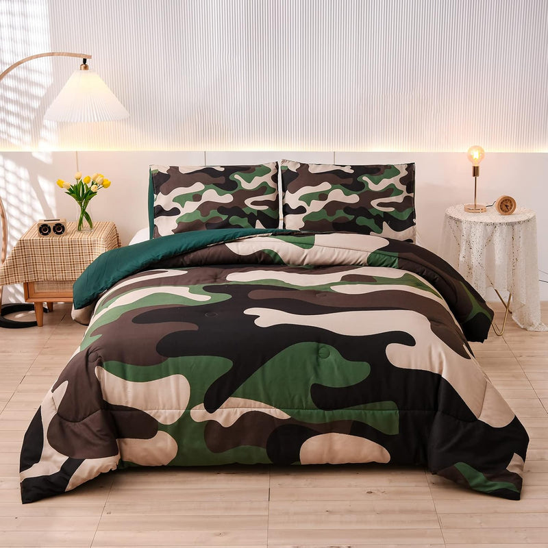 Camouflage Bedding Set, Green Camouflage Comforter Set, 3 Pcs One Comforter An