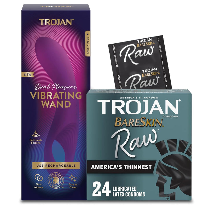 Bundle Of Bareskin Raw Thin Condoms, Lubricated Condoms For Men, America’S Number One Condom Brand, 24 Count Pack + Dual Pleasure Vibrating Wand For Couples