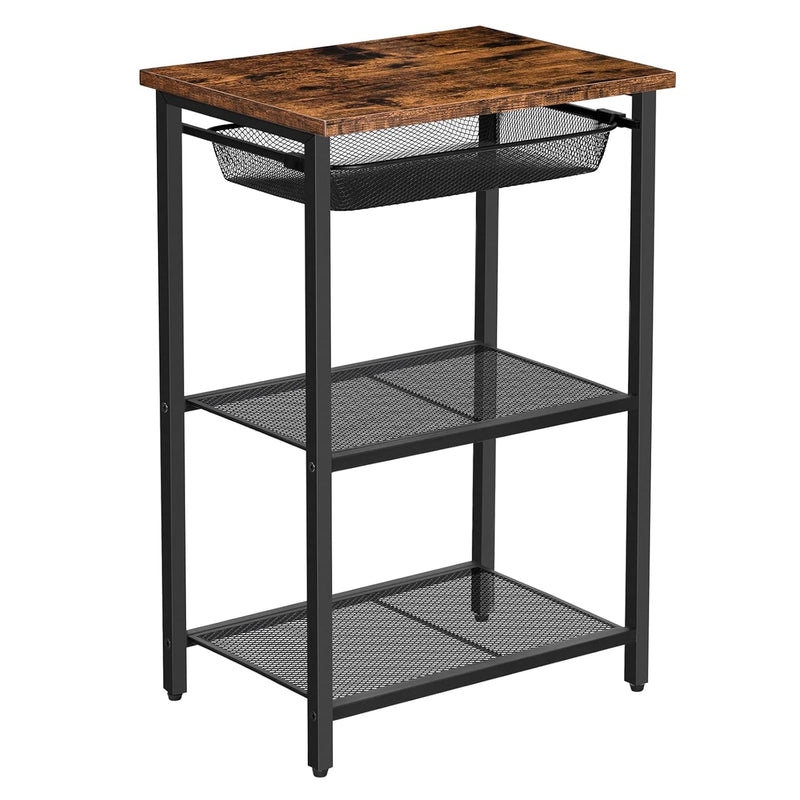 Tall Side Table, Industrial End Table With Adjustable Metal Mesh Basket, Telep