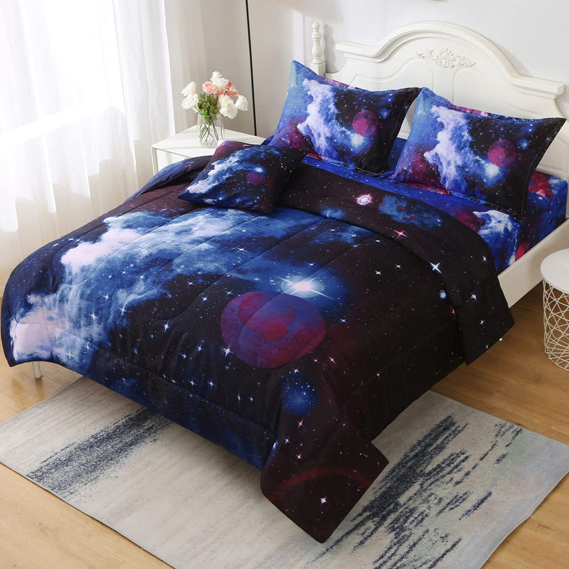 6Pcs Galaxy Comforter Set With Sheets For Kids Boys Girls Teens, Outer Space T