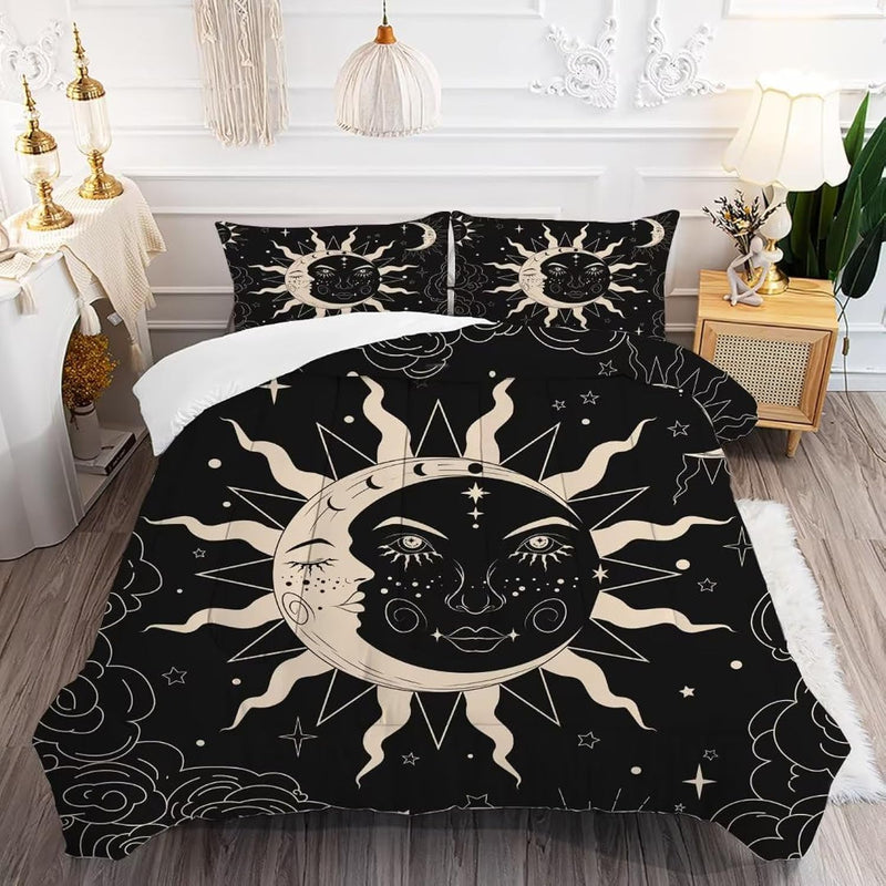 Black Sun And Moon Queen Comforter Set For Girls Women Kids Boho Celestial Bed