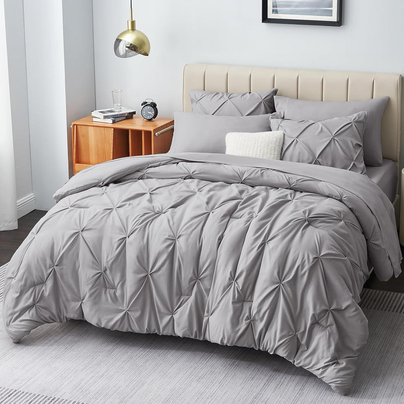 Full Comforter Set - 7 Pieces Comforters Full Size Light Gray, Grey Pintuck Be