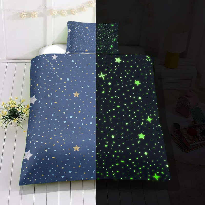 Kids Glow In The Dark Duvet Cover Twin Blue Cartoon Stars Universe Bedding Set