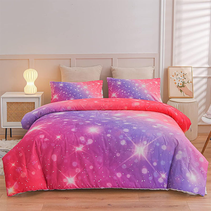 Kids Space Star Glitter Comforter Set Ombre Pink & Purple Print Gradient Beddi