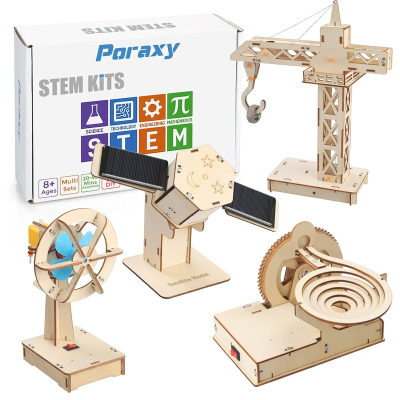 Poraxy 4 in 1 STEM Kits, STEM Projects for Kids Ages 8-12, Assembly 3D Wood