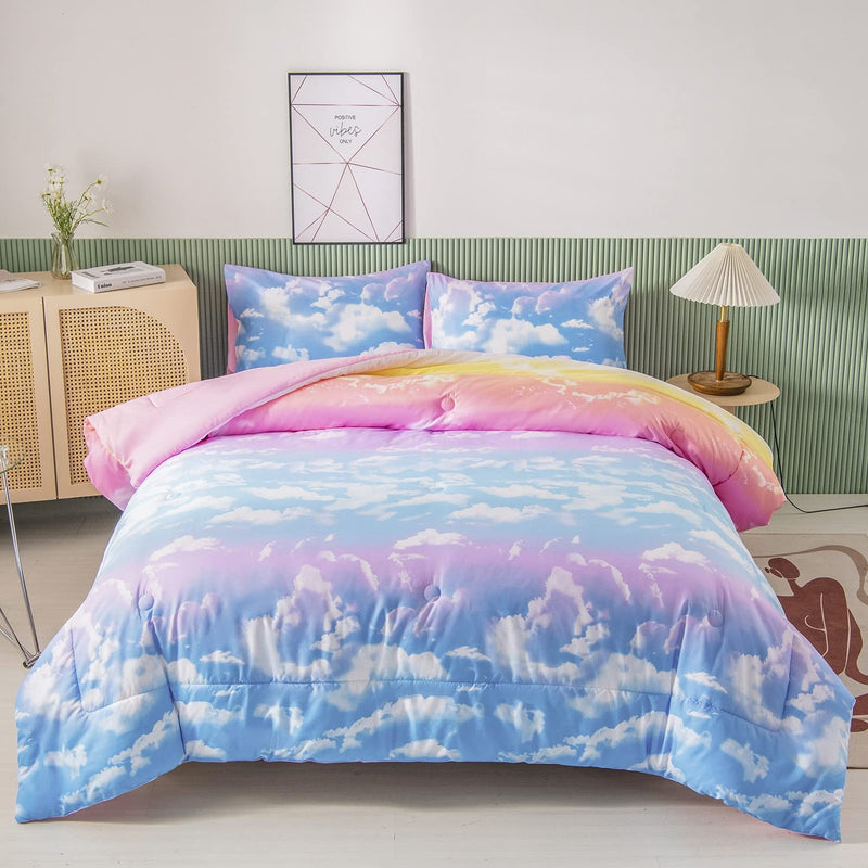 Blue Pink Cloud Sky Comforter Set For Girls All Season Ultra-Soft Gradient Rai