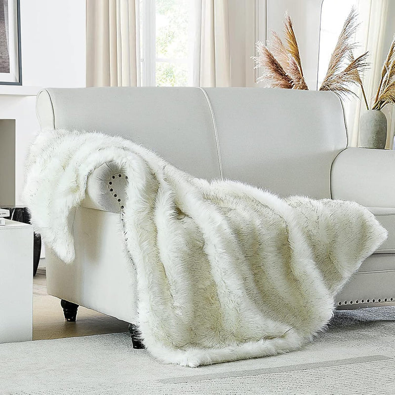 Hh Faux Fur Blanket, White With Brushed Tips Throw Blanket, Super Warm, Fuzzy,