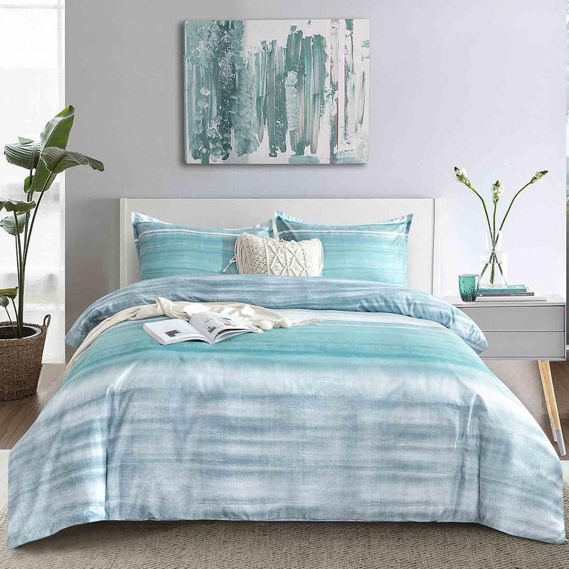 Queen Size Comforter Set, Blue, Grey And Teal Striped Pattern Print Reversible