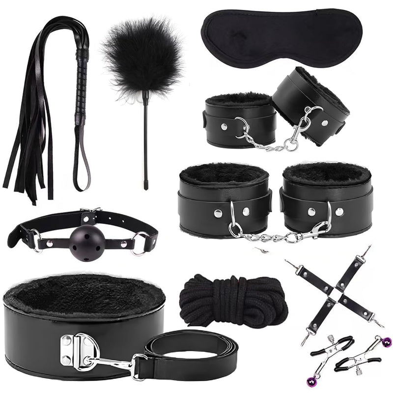 10 Pcs Sex Bondage Bdsm Kits Restraints, Fetish Handcuffs Ankle Cuff Collar Blindfold Whip Rope Nipple Clamps Paddle Anal Toys Ball Gag Adult Games Foreplay Sexy Toys For Couples (Black)