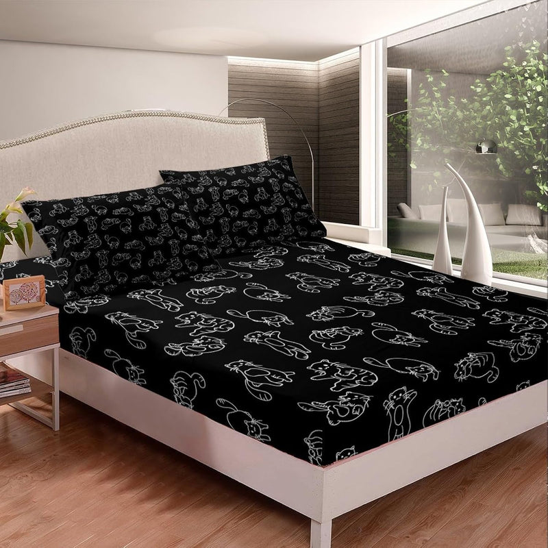 Cartoon Cat Bed Sheet Set Cute Pet Cats Kids Deep Pocket Fitted Sheet Animal P