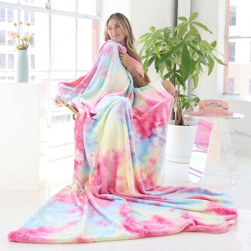 Rainbow Tie Dye Blanket For Girls, Twin/Full Size Soft Warm Bed Fleece Blanket