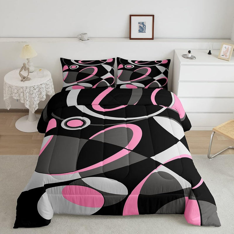 Pink Grey And Black Comforter Retro Circle Geometry Comforter Set Modern Abstr