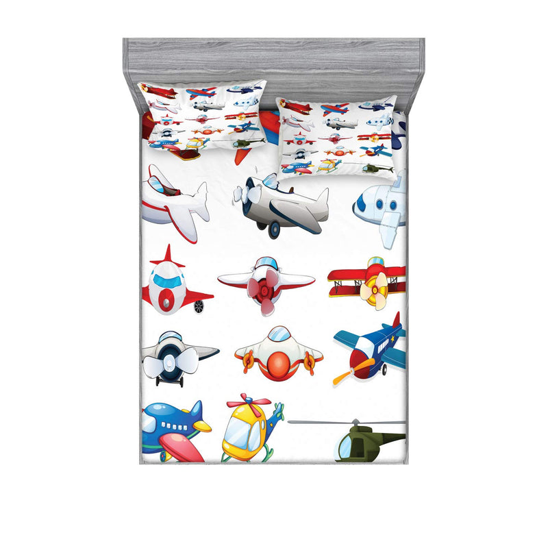 Airplane Fitted Sheet & Pillow Sham Set, Illustration Of Different Kind Of Pla