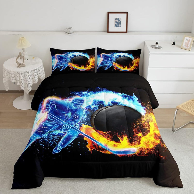 Ice Hockey Comforter Set Sports Bedding Set For Kids Boys Men 3D Yellow Flame