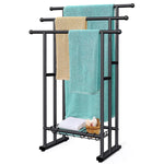 40" H Free Standing Towel Rack, 3 Tier Alloy Steel Stand with Basket, Blanket Drying and Display Rack for Oversized Bath Towels Bathroom Accessories, Next to Tub or Shower (Black)