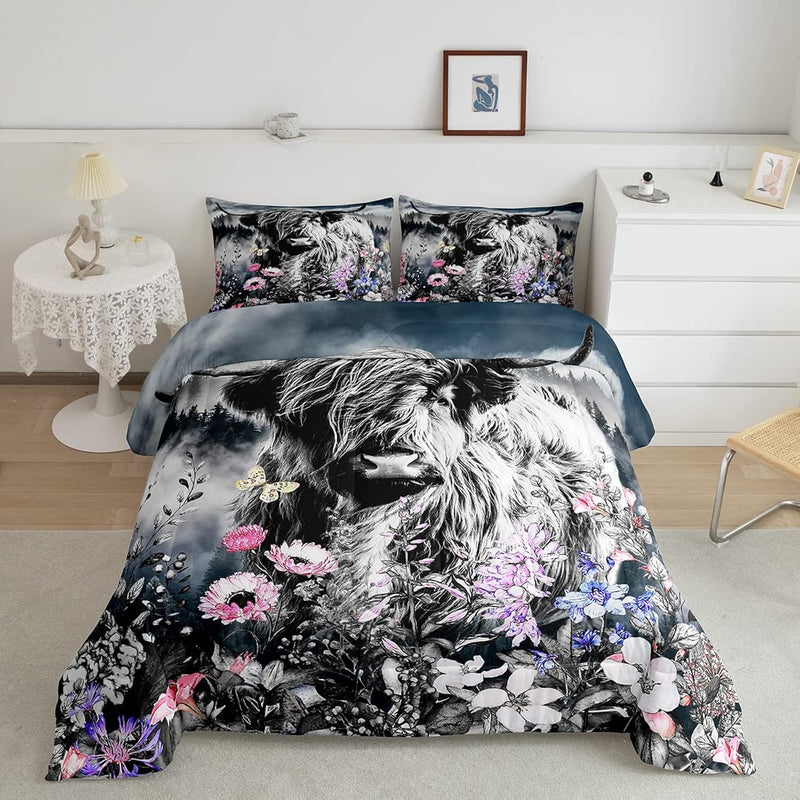 Highland Cow Flower Comforter Set Queen Size Bull Cattle Smoky Mountain Beddin