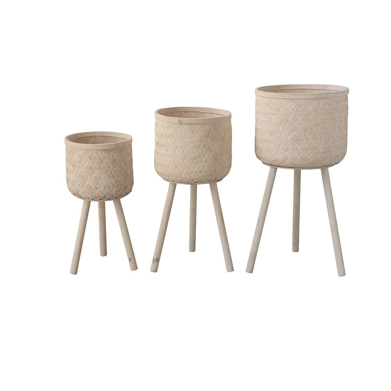Set Of 3 Round Bamboo Floor Baskets With Wood Legs