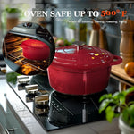Enameled Cast Iron Dutch Oven - 5.5QT Pot with Lid Cookbook & Cotton Potholders - Heavy-Duty Cookware for Braising, Stews, Roasting, Bread Baking red