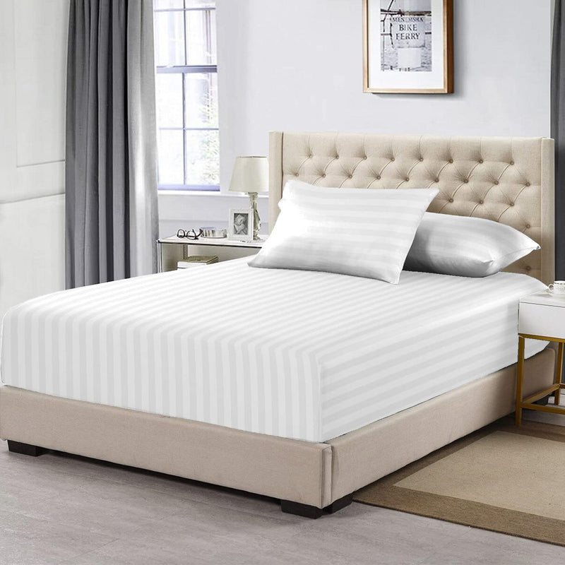White Dobby Striped Cotton Full Size Fitted Sheet 1 Pc, 300 Thread Count Long