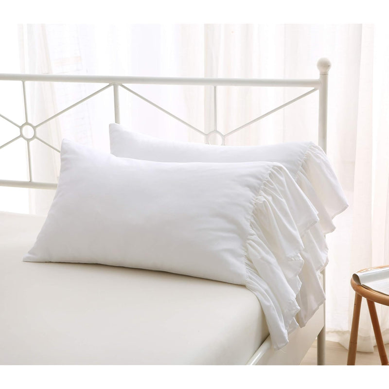 White Bed Pillow Covers Shams Cases With Long Ruffles Standard Size Cotton Sha