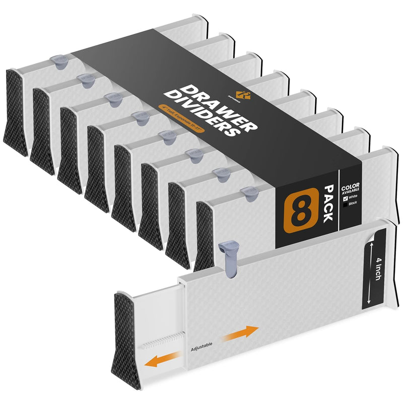 Adjustable Drawer Dividers 8 Pack, 4” High, 11-17” Long, Dresser Drawer Divider