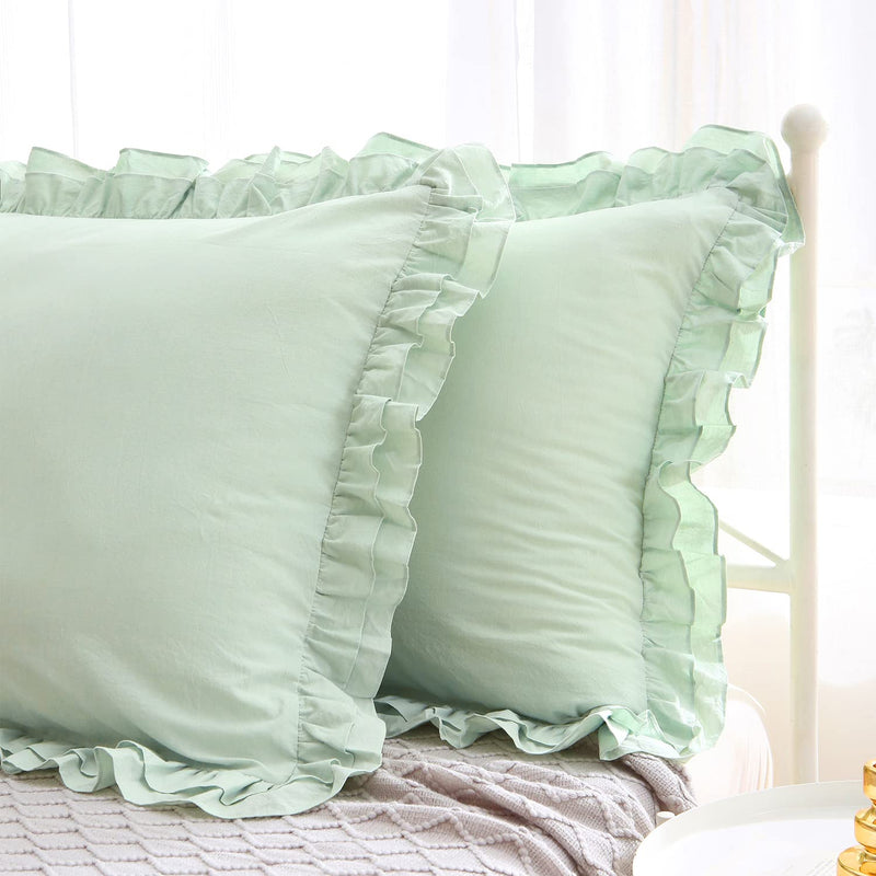 Sage Green Ruffle Euro Pillow Shams 26X26 Set Of 2, Washed Cotton Shabby And C