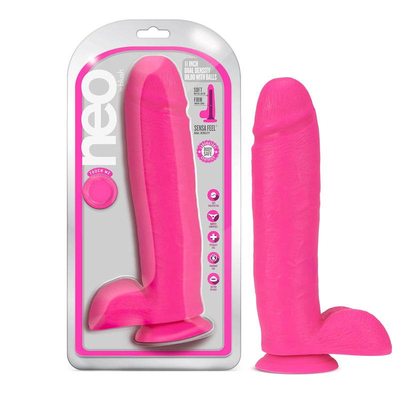 Neo Dual Density Realistic Dildo - 11 Inch Length 2.25 Inch Width - Sturdy Suction Cup Base For Hands Free Play And Harness Strap On Compatible - Sex Toy.