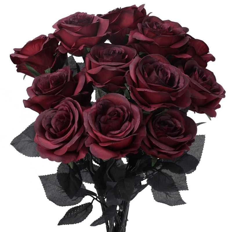 12 Pack Artificial Silk Roses Red Wine Rose Flowers Lifelike Romantic Fake Ros