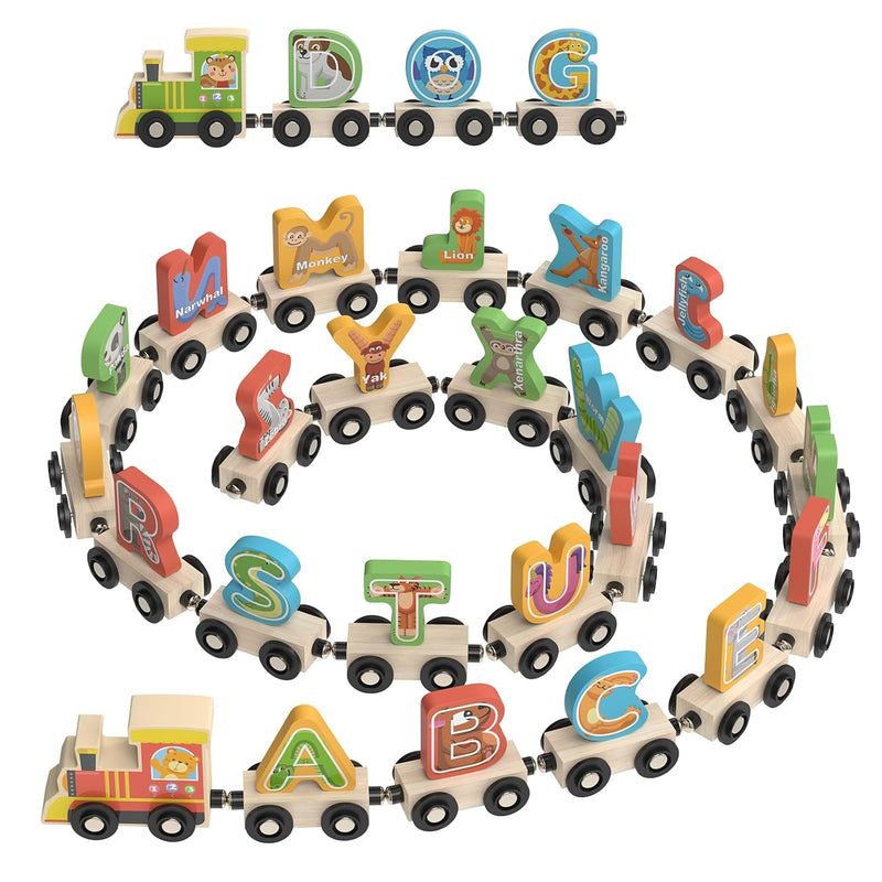 Wooden Alphabet Train Toys Spelling Tool Preschool Toddlers Montessori Educ