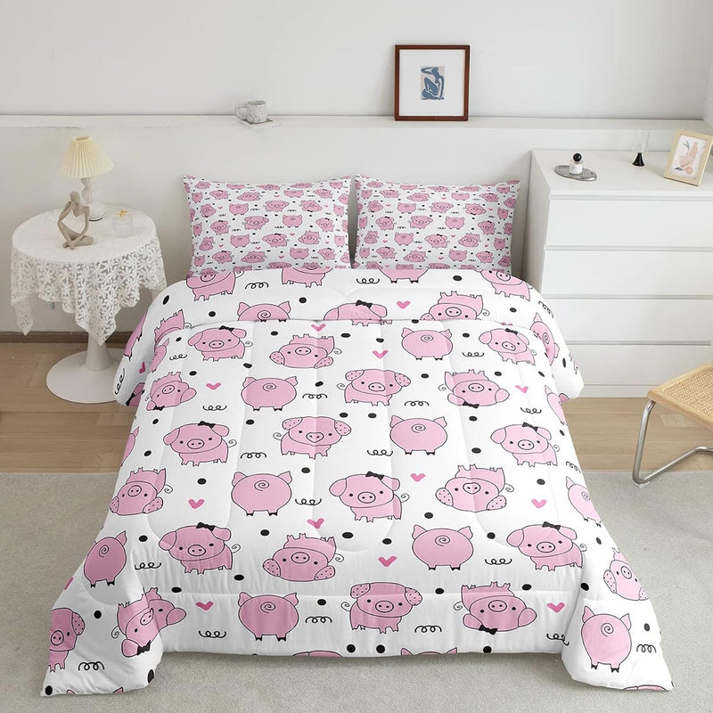 Pink Pig Comforter Set For Girls Kawaii Room Decor Twin,Cute Pigs Bedding Set