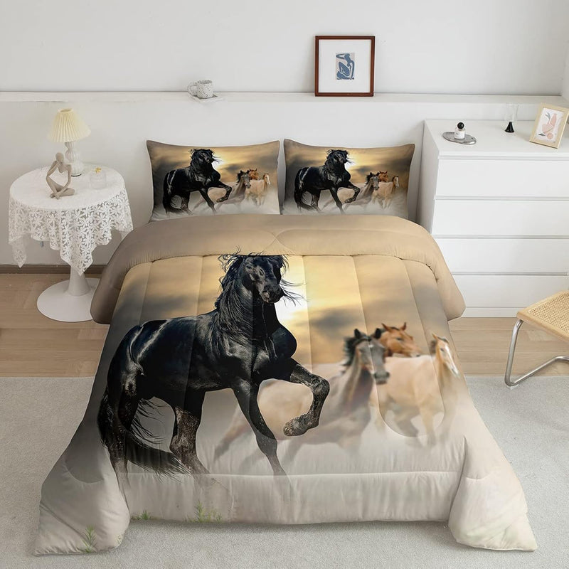 Black Horse Comforter Set Twin 3D Horse Printed Down Comforter, For Adult Wome