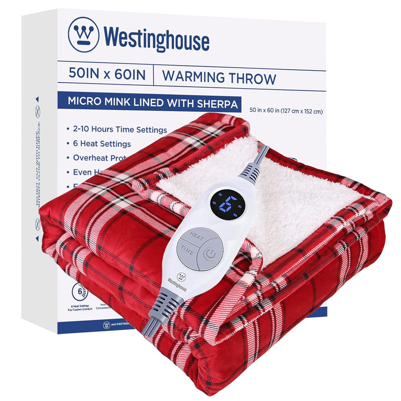 Electric Blanket Heated Throw Blanket, Plaid Sherpa Heating Blanket, 6 Heat Se