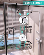 Hanging Shower Caddy Over the Door with Soap Holder, No Drilling Adhesive Shower Organizer with 11 Hooks, Rustproof & Waterproof 304 Stainless Steel Shower Shelves for Bathroom - Black