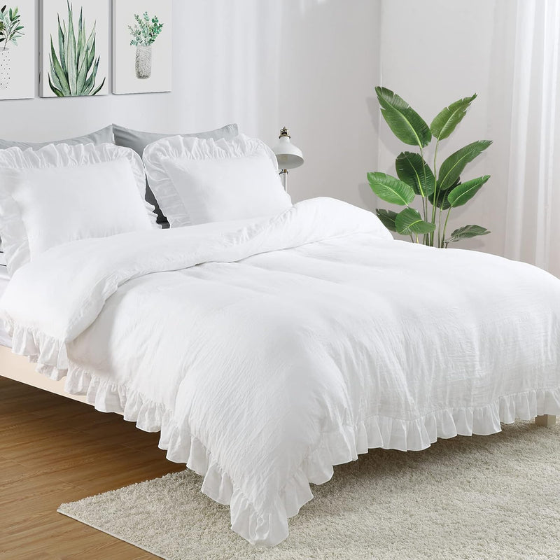 White Ruffle Duvet Cover Queen Size, 3Pcs Soft Washed Microfiber Vintage Frenc