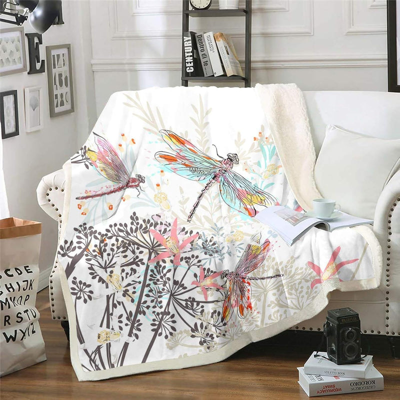 Dragonfly Fleece Sherpa Throw Blanket Soft Cozy Fluffy Flowers Fuzzy Blanket C