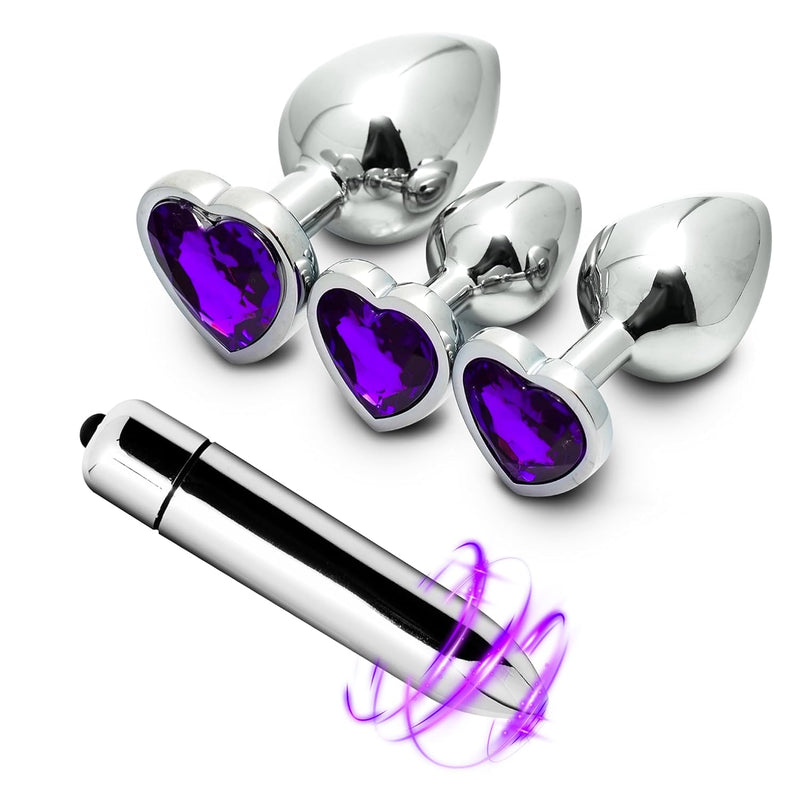 Anal Plug Trainer Set With Three Sizes Of Heart Shaped Purple Jeweled Handles,Stainless Steel Butt Plugs With Bullet But Vibrator Prostate Stimulator Anel Sex Toys For Men Women Gay Couples