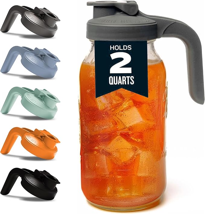 Glass Mason Jar Pitcher with Lid - Wide Mouth, 2 Quart (64 oz) - Heavy Duty, Leak Proof - Sun & Iced Tea Pitcher, Cold Brew Coffee, Breast Milk Storage, Water - Gray