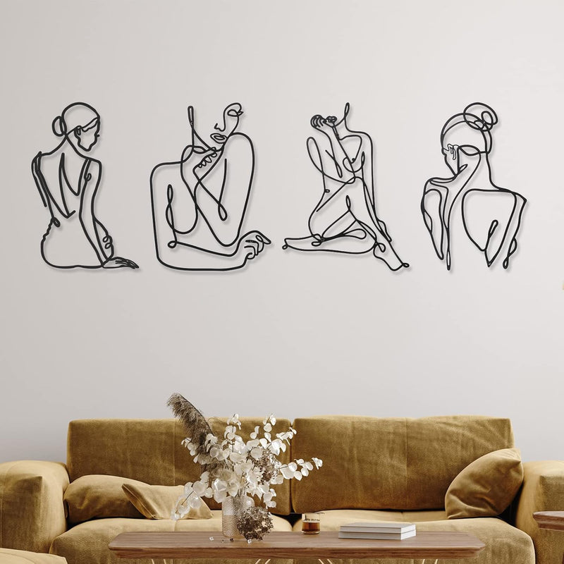4 Pieces Metal Wall Art Decor Black Metal Wall Art Single Line Art Drawing Min