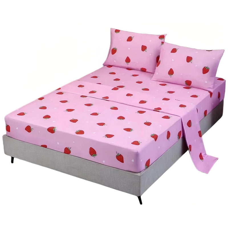 4Pcs Strawberry Bed Sheets,Twin Size Red,Pink White Kawaii Bedding Sheet Set W