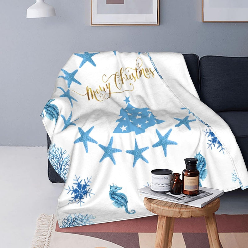 Merry Christmas Throw Blanket 60"X 50" Seahorse Snowflake Starfish Soft Warm F