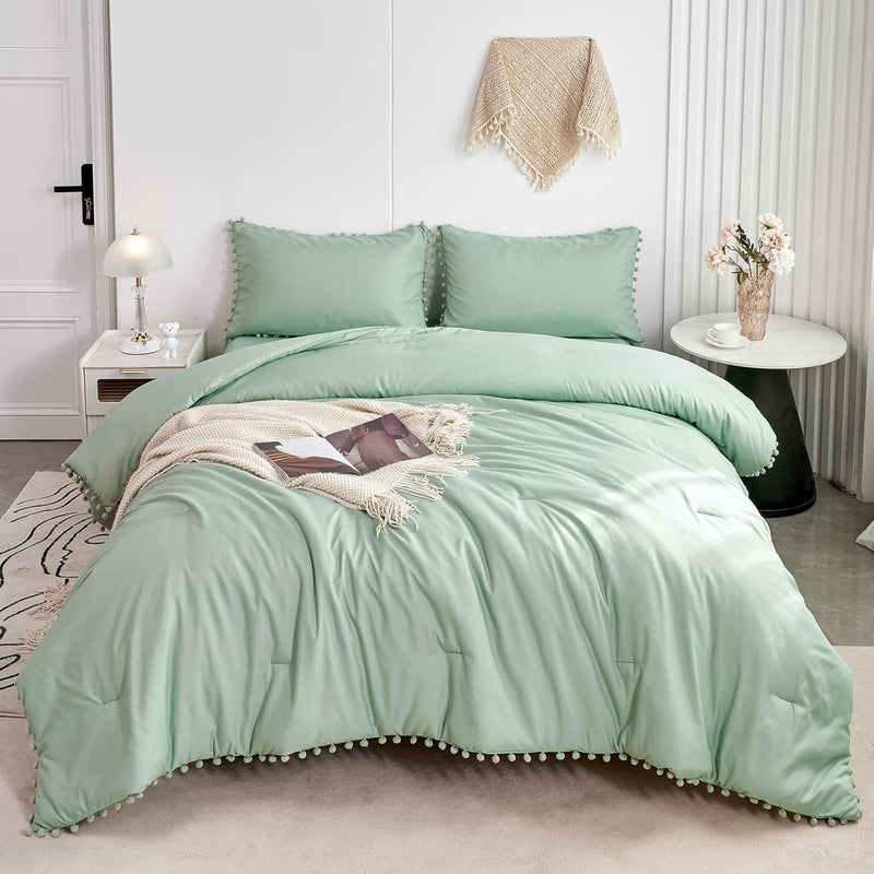 Sage Green Pom Pom Fringe Comforter Set Queen 5 Pieces Boho Shabby Chic Comfor