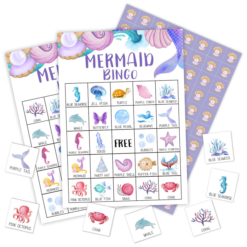 Mermaid Bingo Birthday Bingo Games, Under The Sea Party Bingo, 24 Players B