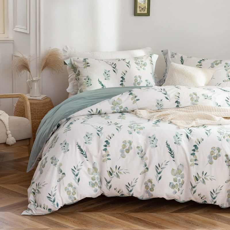 Queen Duvet Cover Set - 100% Washed Cotton Linen Feel Sage Green Eucalyptus Pr