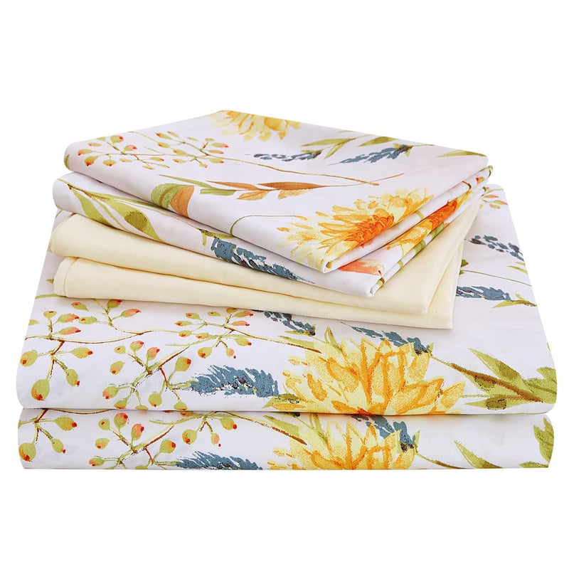 6 Piece Yellow Floral Print Sheet Set Queen Size, Soft Botanical Microfiber Sh