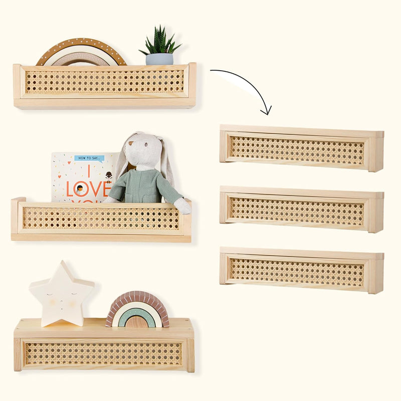 Rattan Floating Shelf 16 Inch, Set Of 3, Nursery Shelves For Wall Decor In Boh