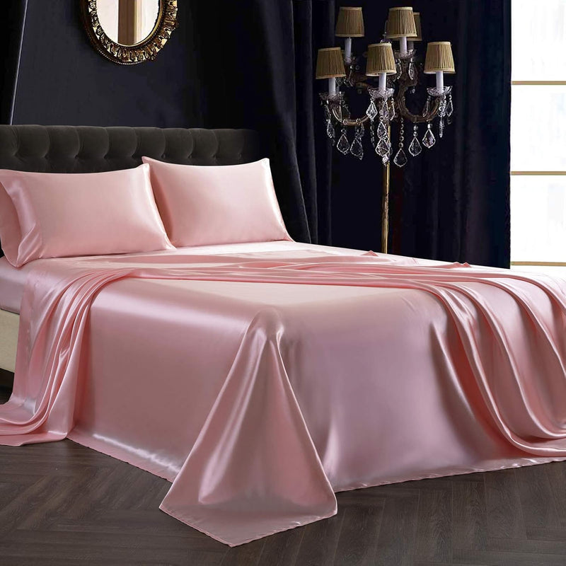 4Pcs Satin Sheet Set Queen Size Ultra Silky Soft Blush Pink Satin Queen Bed Sh