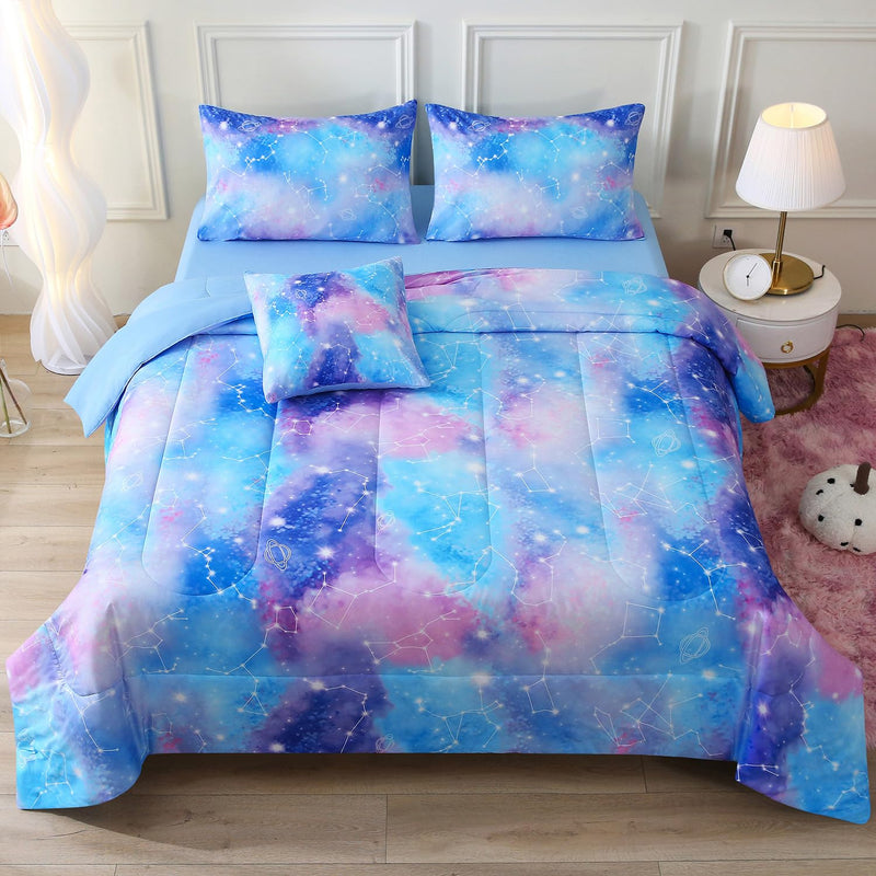 Full Gradient Galaxy Comforter Set For Girls,6 Piece Bed In A Bag 3D Colorful