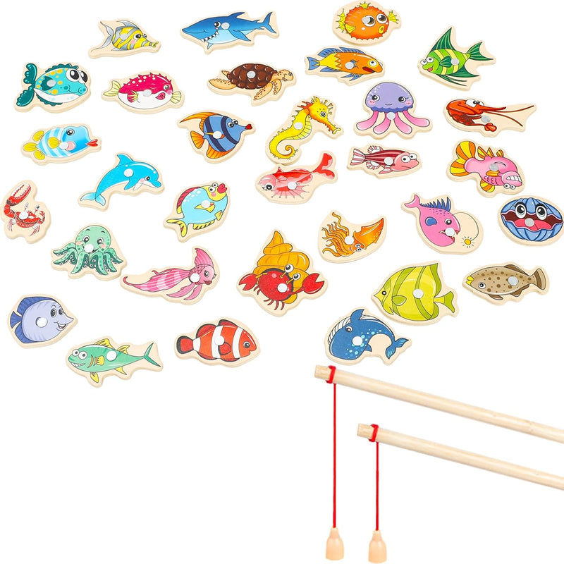 34 Pieces Magnetic Fishing Game For Kids Wooden Magnet Fishing Game Wooden