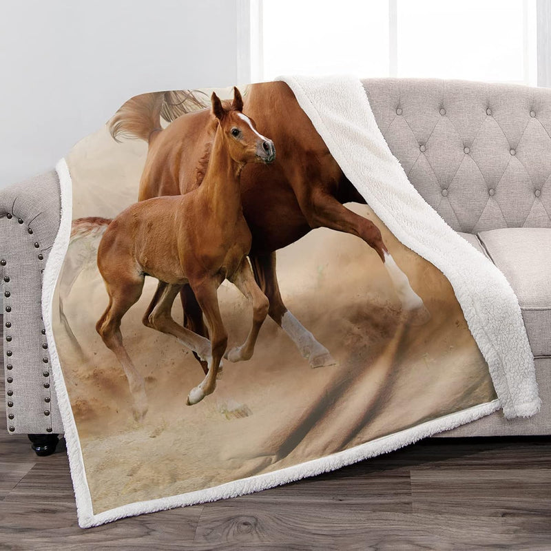 Running Brown Horse Gifts Blanket, Horse Decor Blankets Soft Warm Sherpa Throw